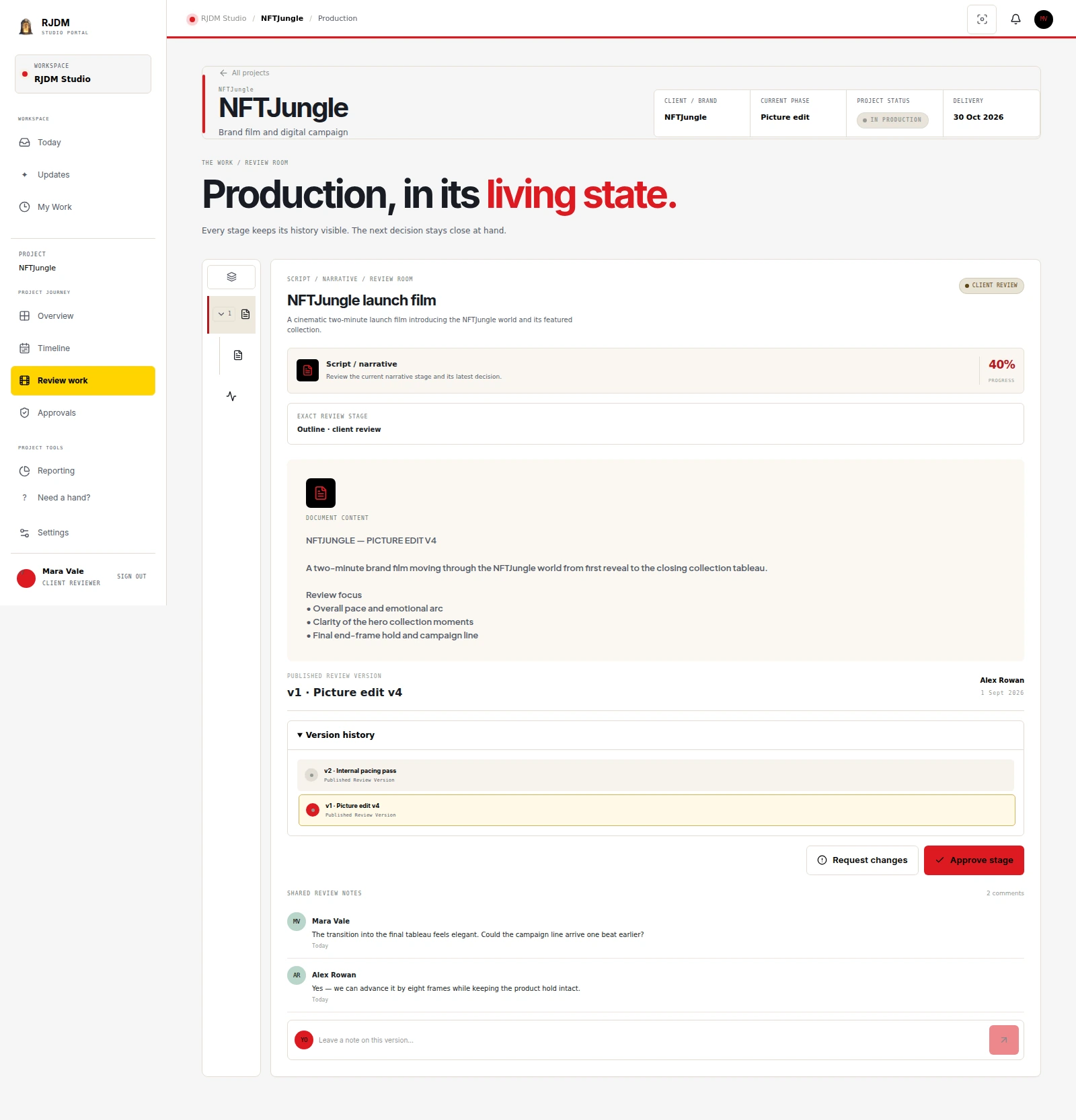 Fictional NFTJungle Client Portal review screen showing a production script, version history, contextual comments and approval actions.