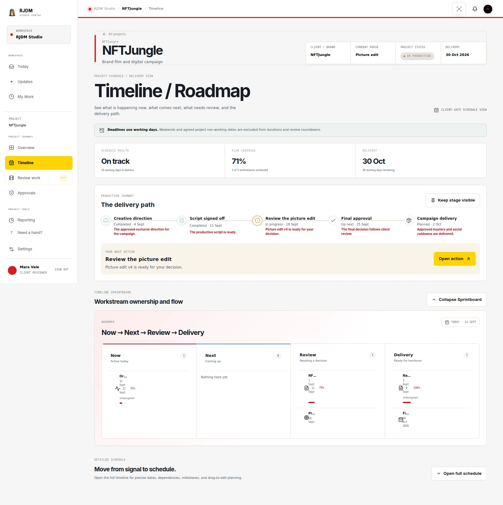 Fictional NFTJungle Client Portal timeline showing delivery health, the production journey, the next review action and workstream planning.
